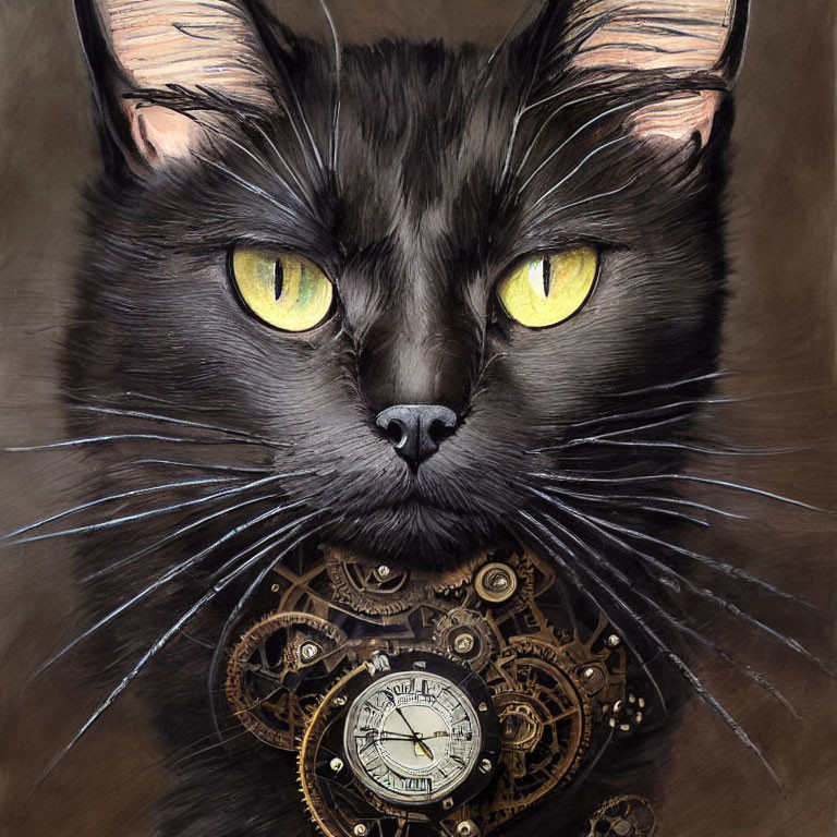 Detailed Black Cat Illustration with Yellow Eyes and Clockwork Gears