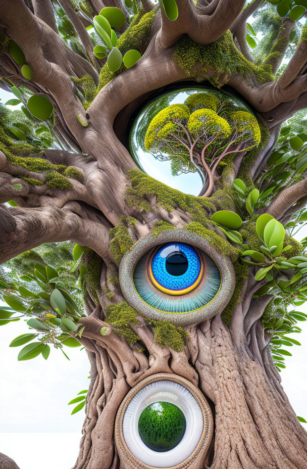 Surreal image of giant tree with eye-shaped apertures and landscapes within