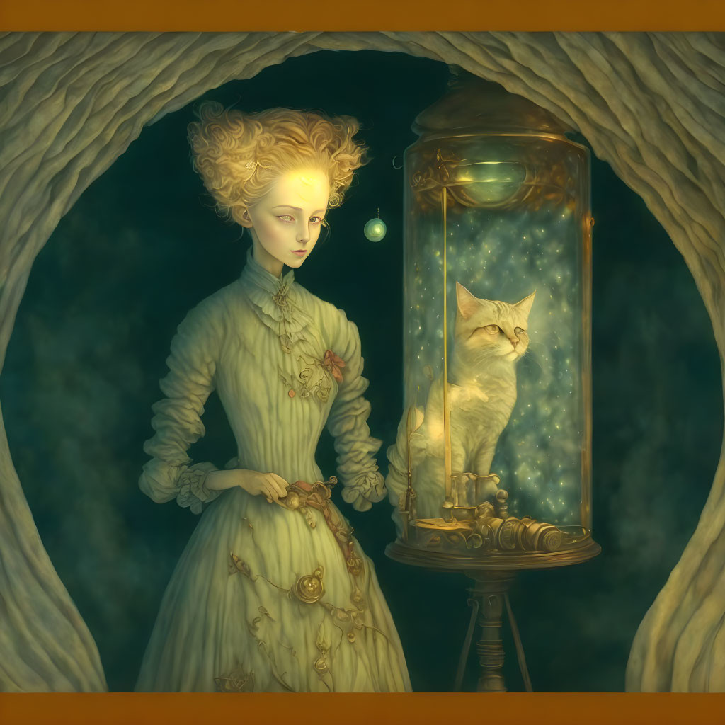 Vintage-dressed woman with lantern and cat in cave setting