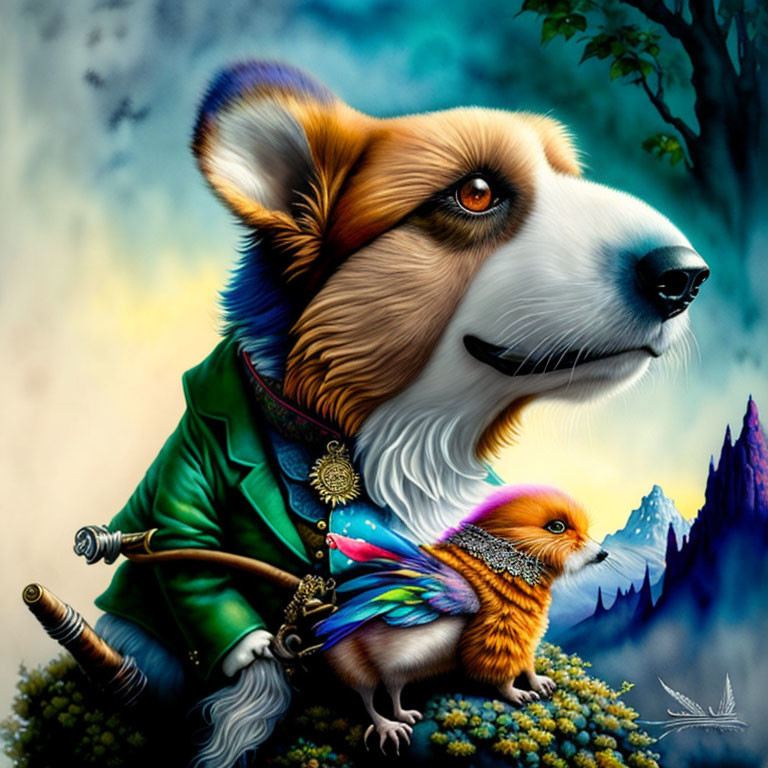 Anthropomorphic corgi with sword and butterfly-winged corgi in surreal landscape