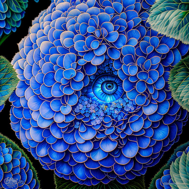 Detailed Blue Flower Cluster with Human Eye and Green Leaves