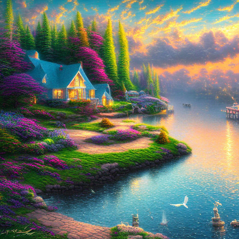 Cozy cottage by purple flowers at sunset near lake