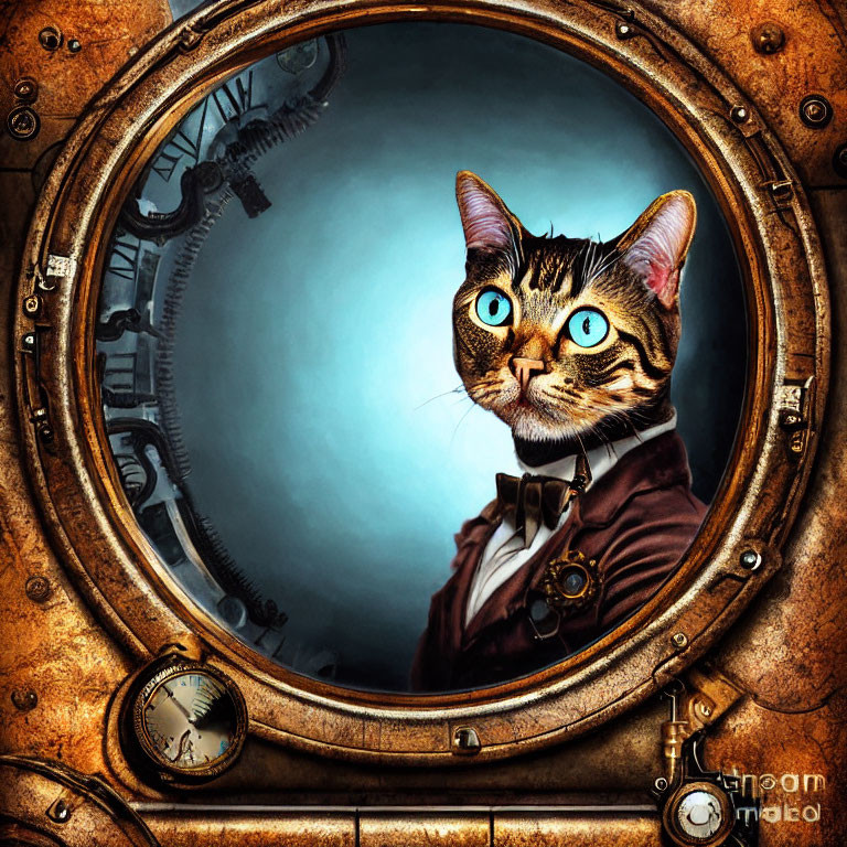 Steampunk-themed cat with human-like eyes in suit and bow tie peering through brass porth