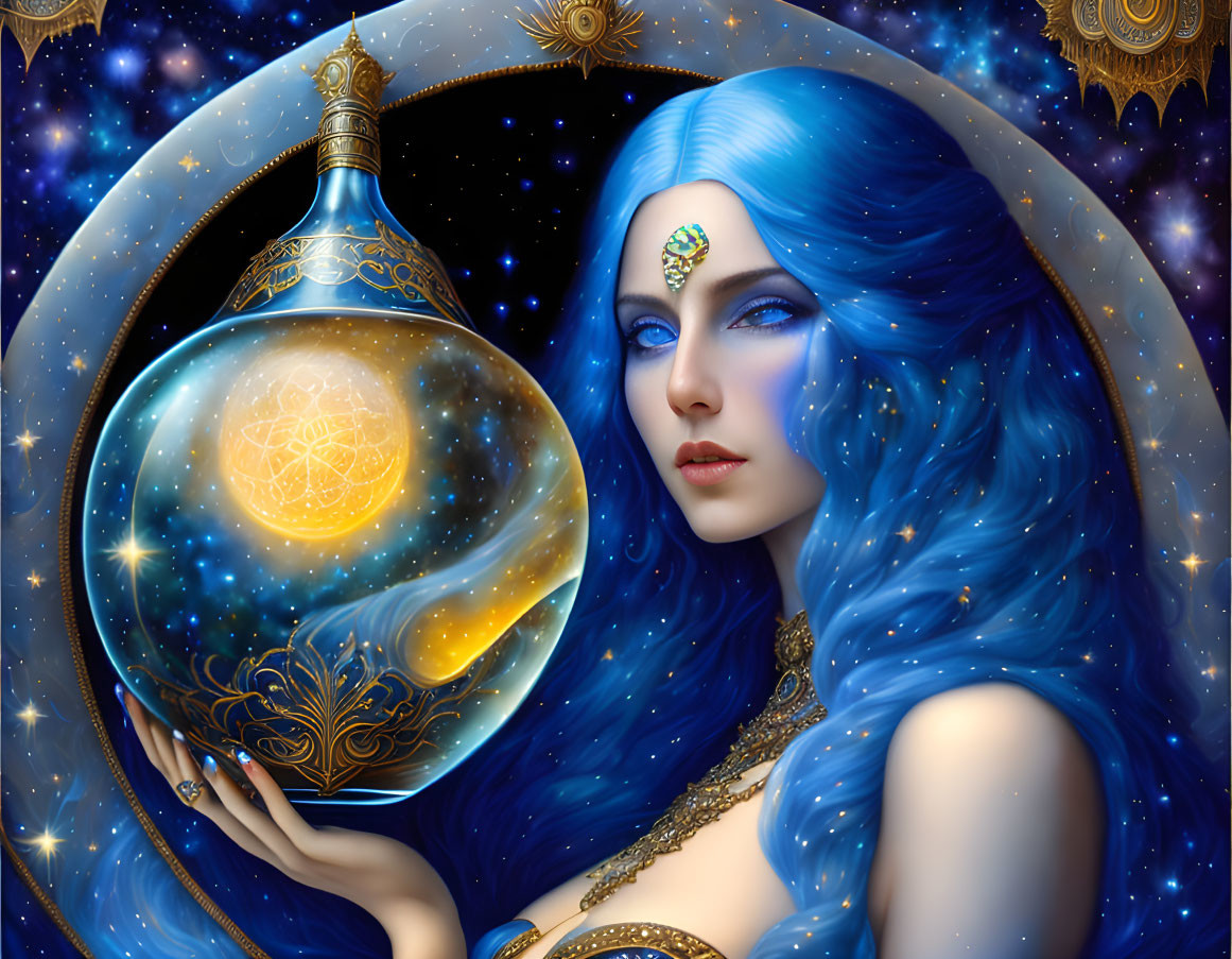 Blue-haired woman with celestial orb in cosmic setting and golden jewelry.