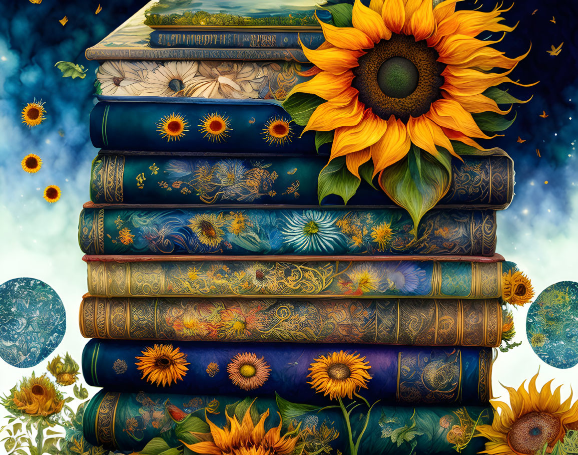 Ornate celestial and floral book stack with sunflowers on starry sky background