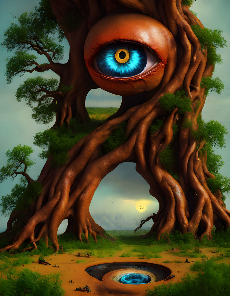 Surreal illustration of giant tree with vivid blue eye in forest landscape