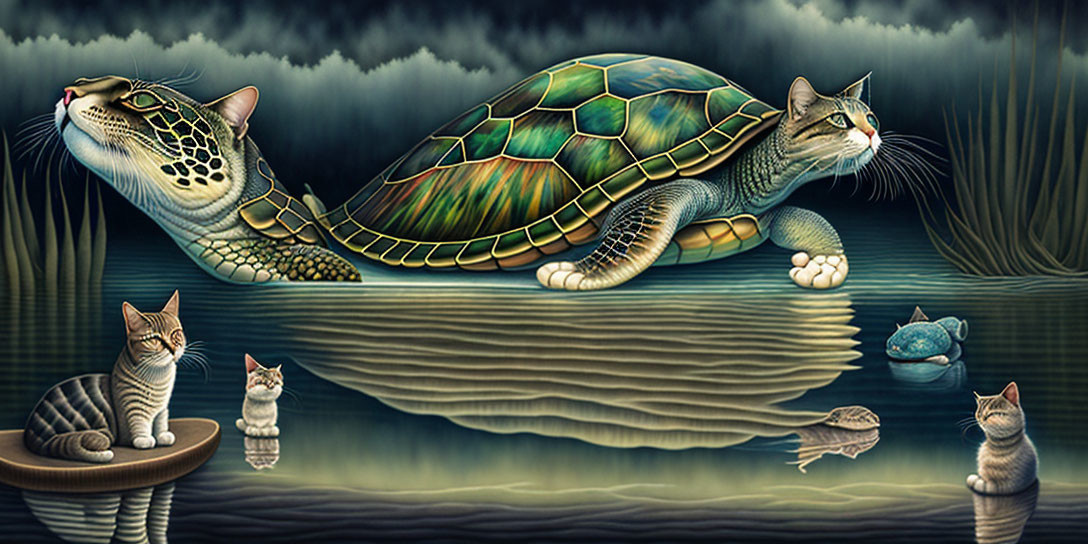 Large turtle with cat's head swims with fish, observed by four cats on shore.