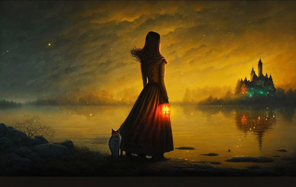 Woman in gown with lantern by lake at night with cat, gazing at distant illuminated castle under star