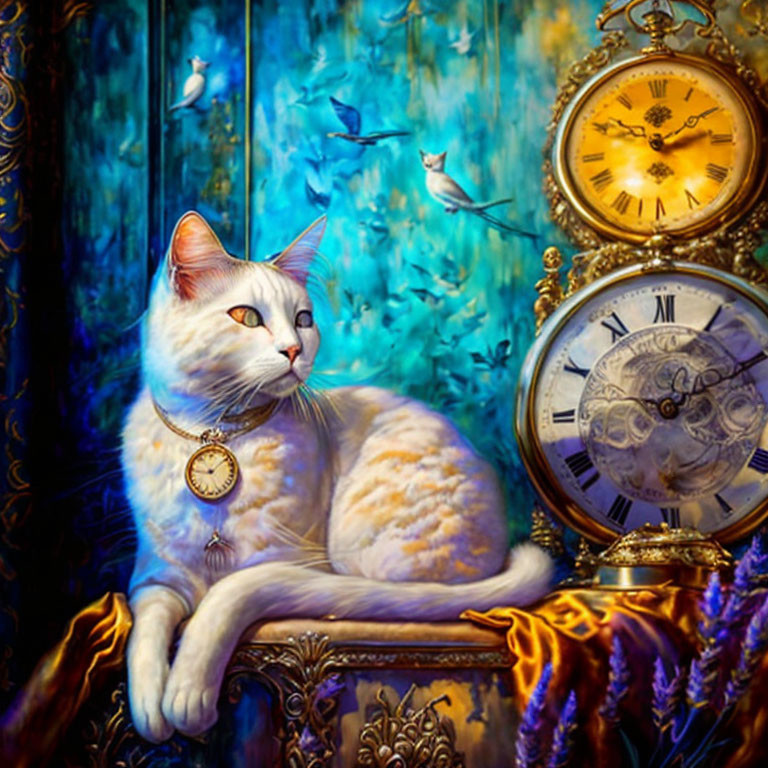 White Cat with Pendant Surrounded by Pocket Watches and Surreal Blue Background