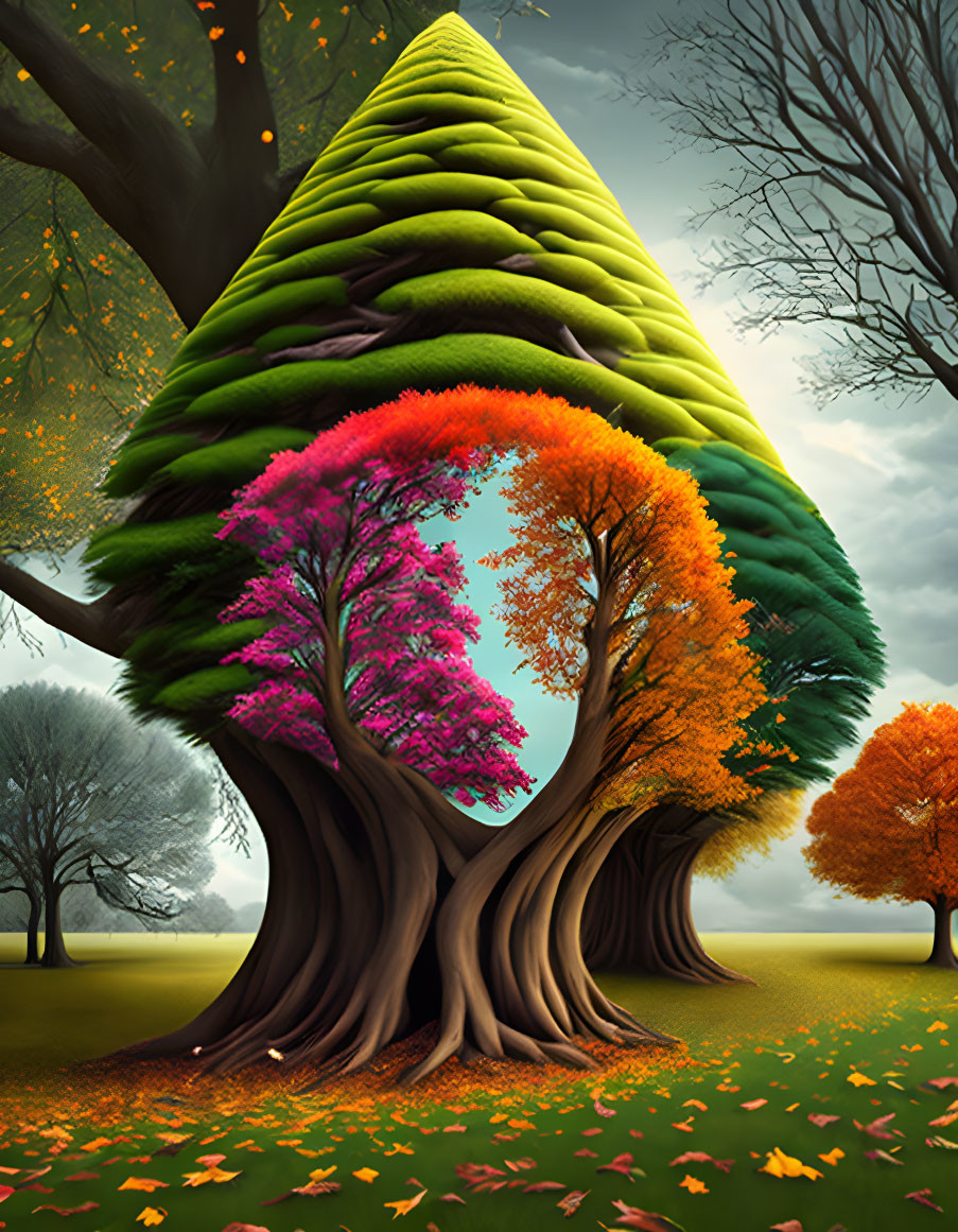 Colorful surreal tree artwork with conical canopy in meadow