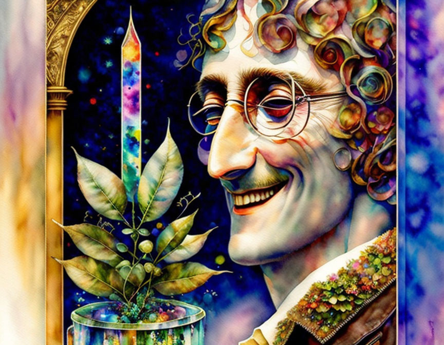 Vibrant psychedelic artwork featuring smiling figure with curly hair, glasses, crystal, leaf, and orn