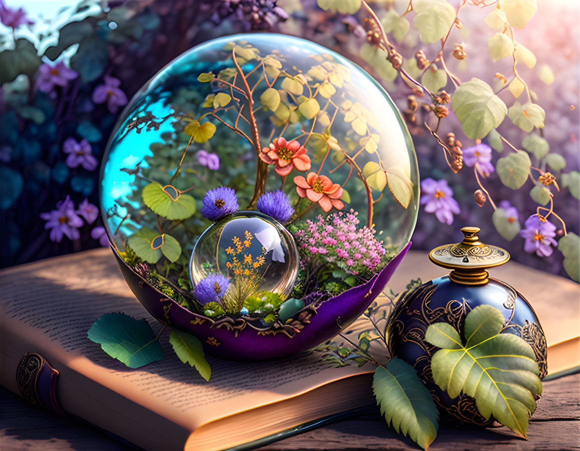 Colorful terrarium with glass orb, open book, pocket watch, and lush flora under sunlight