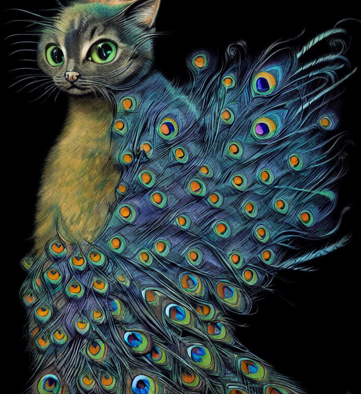 Colorful Cat Illustration with Peacock Tail and Eyespots