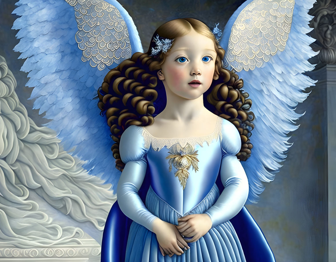 Young girl with angel wings in blue dress by classical column