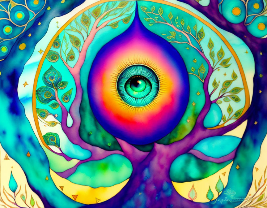 Colorful Artwork: Detailed Eye Surrounded by Peacock Feathers & Psychedelic Patterns