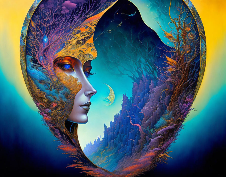 Surreal female profile blending into fantastical landscape with crescent moon