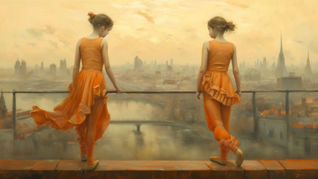 Two girls in orange dresses on balcony with cityscape view.