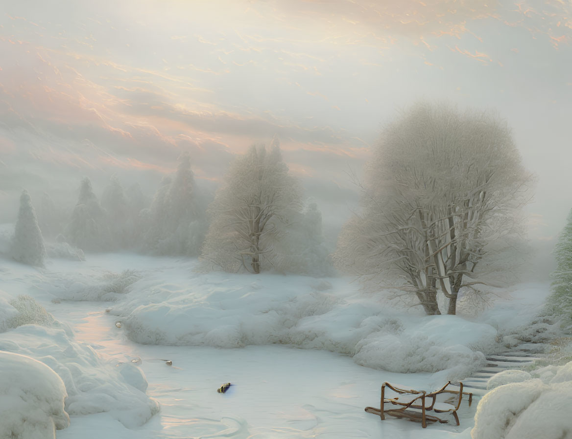 Snow-covered trees, frozen river, sled, duck in serene winter landscape