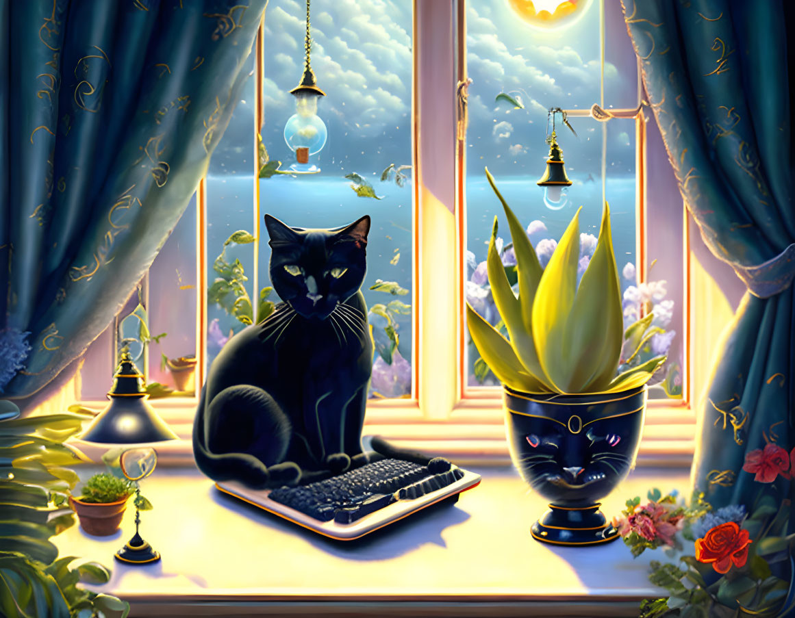 Black cat by window with cat-faced plant, twilight sky, flowers, and lanterns.