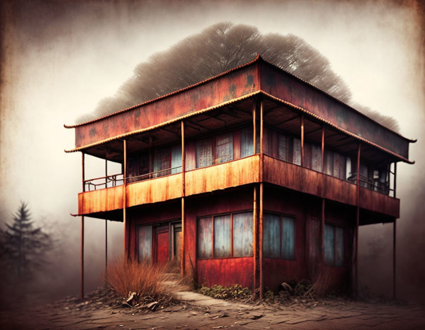 Desolate two-story building with rusted metal exterior in foggy setting