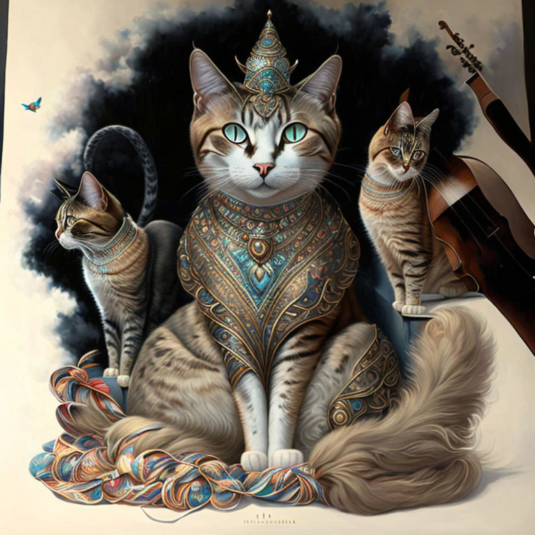 Three regal cats with intricate jewelry and patterns on a smoke-like background.