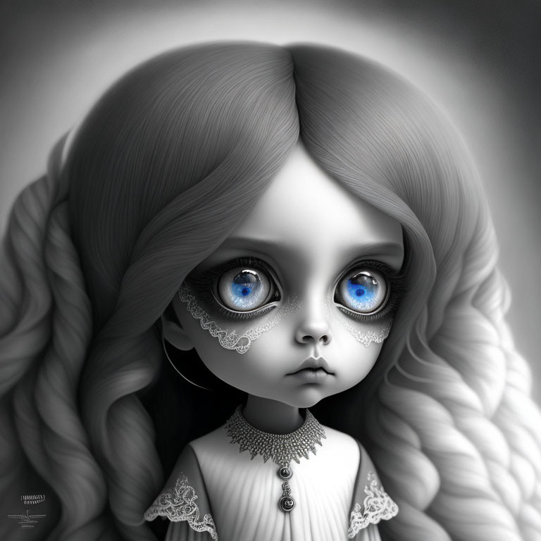 Portrait of doll-like girl with blue eyes, lace mask makeup, and wavy hair in monochrome