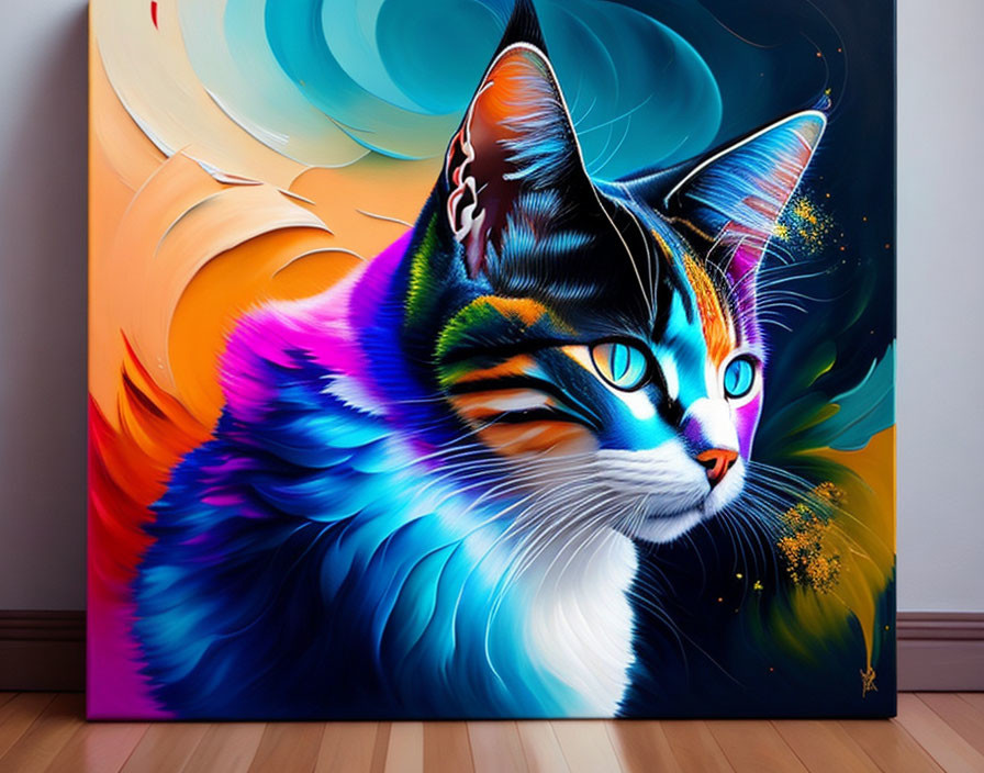 Colorful Stylized Cat Painting on Canvas Against Wooden Background