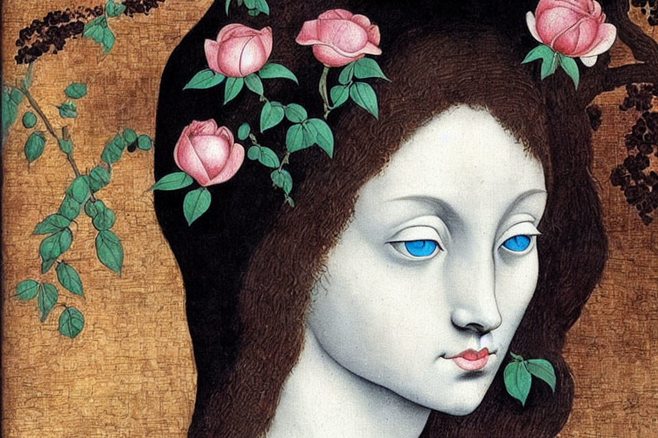 Portrait of a pale-skinned female figure with dark hair, light blue eyes, pink roses, and