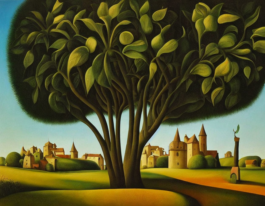 Whimsical painting featuring oversized green tree and medieval village.