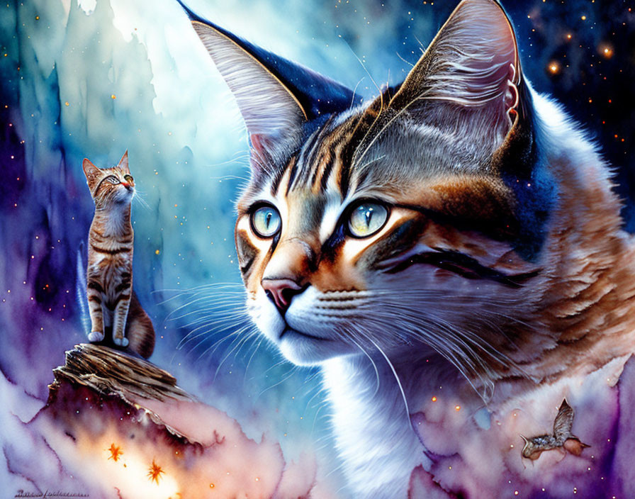 Colorful Close-Up Illustration of Tabby Cat with Smaller Cat on Branch in Starry Sky