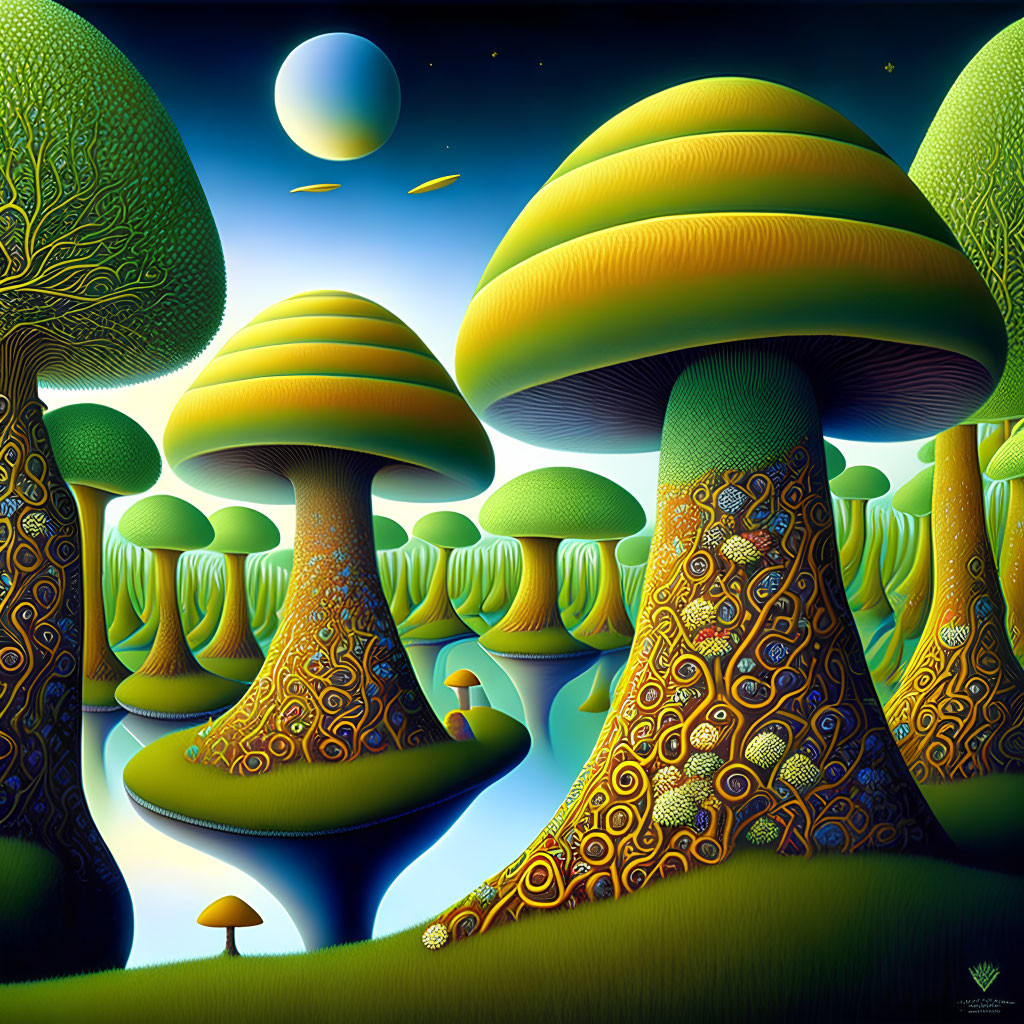 Colorful Stylized Landscape with Oversized Mushrooms and Two Moons