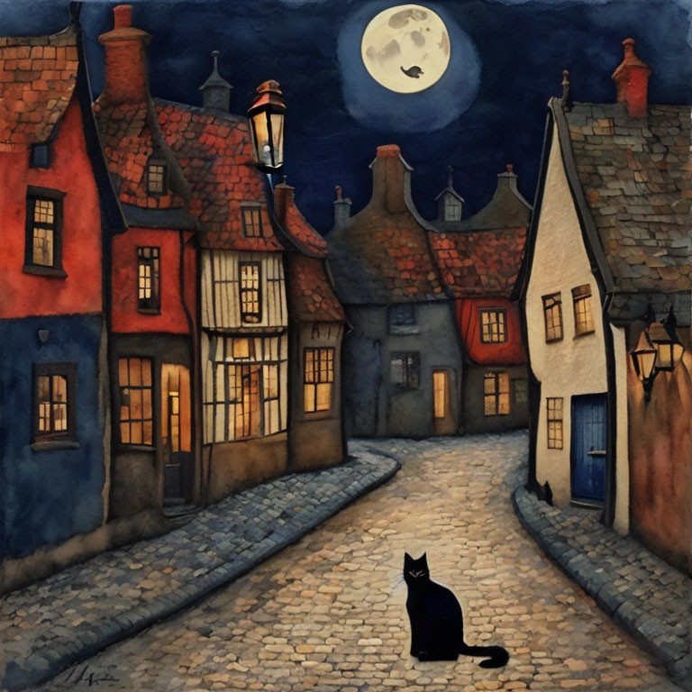 Charming cobblestone street with colorful houses and black cat under full moon