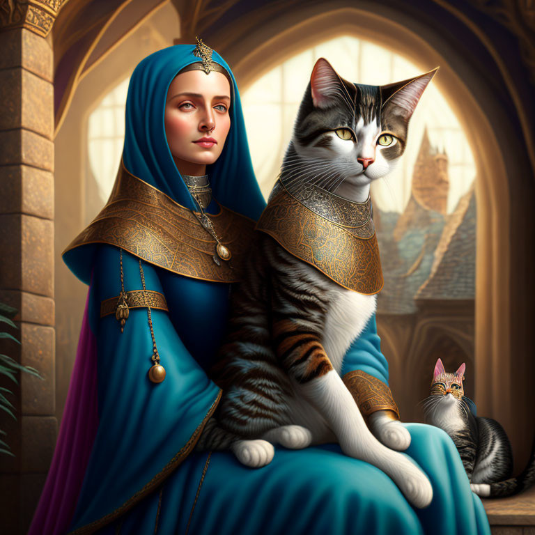 Medieval woman in blue and gold gown holding regal tabby cat in gothic arches setting