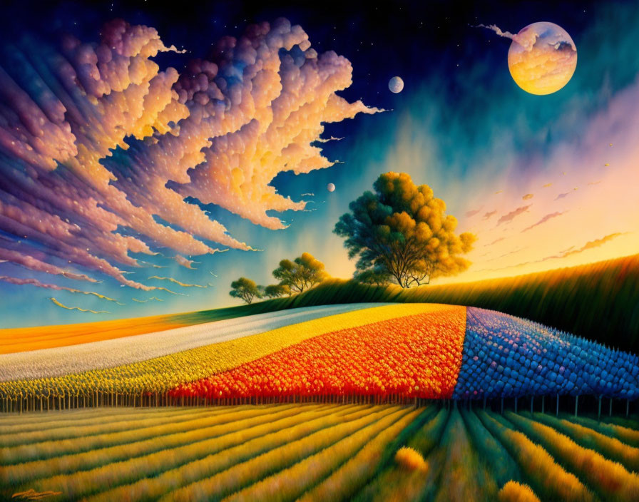 Colorful Landscape Painting with Patchwork Fields and Dramatic Sky