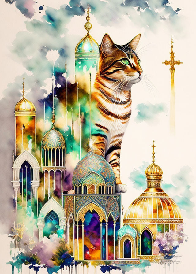 Colorful cat superimposed over religious and historical architecture in vibrant artwork