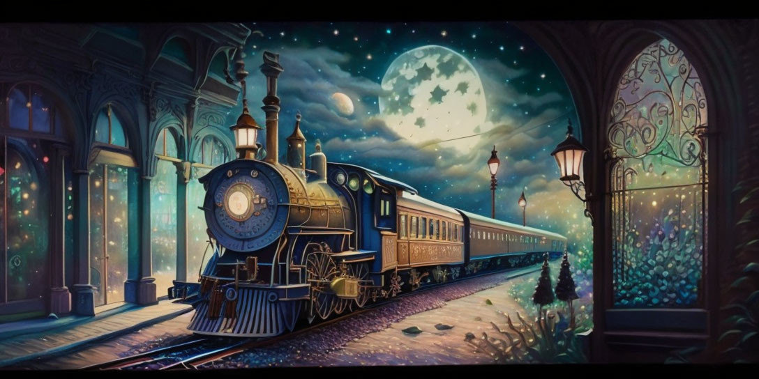 Vintage Train at Moonlit Station with Stars and Lampposts