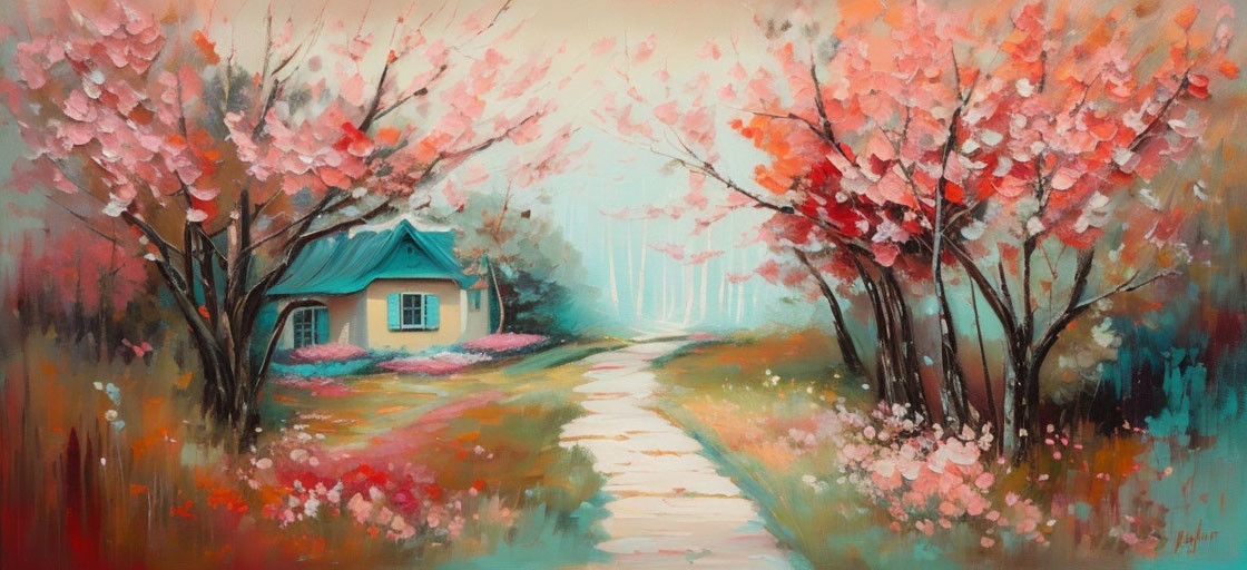 Serene path to blue-roofed cottage among blossoming pink trees