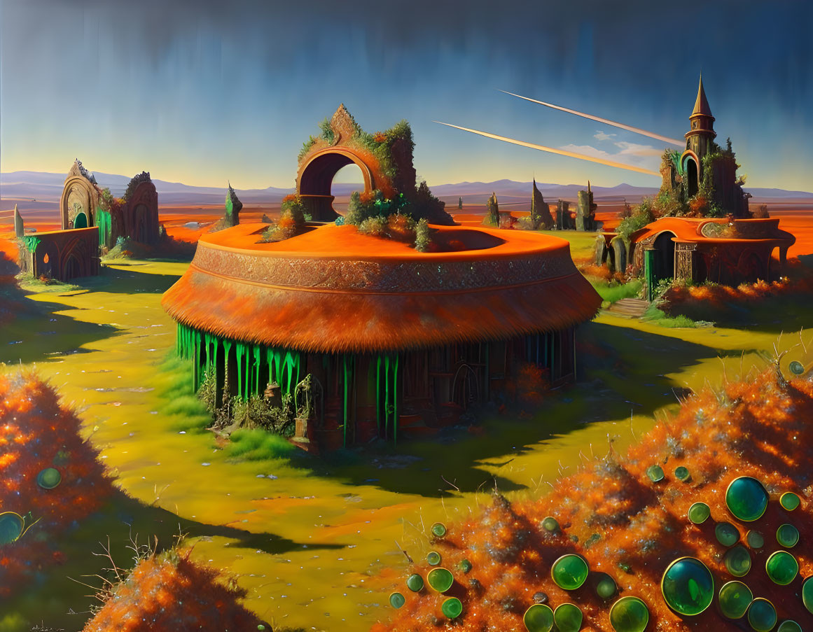 Vibrant fantasy landscape with orange-roofed buildings and iridescent bubbles