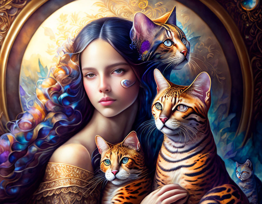 Serene woman surrounded by whimsical cats in ornate frame.