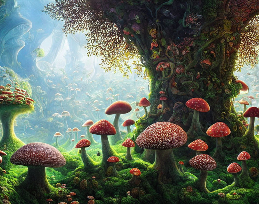 Colorful Fantasy Forest Scene with Giant Mushrooms & Ancient Tree