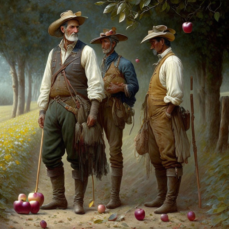 Three men in historical Western attire near apple tree in rural setting