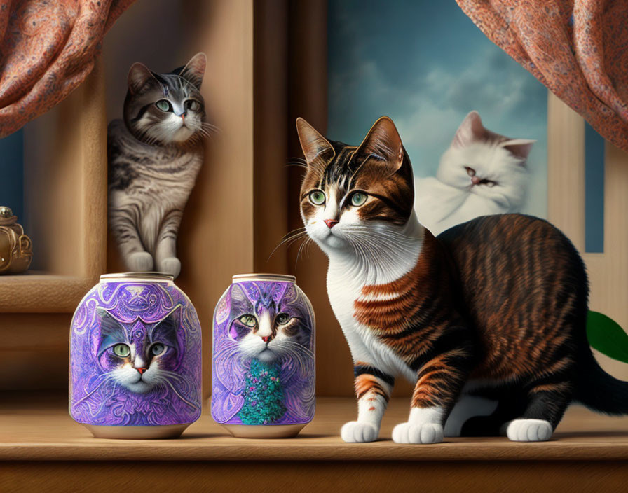 Four Cats on Colorful Jars by Window