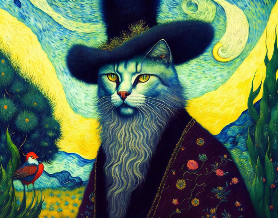 Whimsical painting of dignified cat with long beard in hat surrounded by vibrant swirls, bird