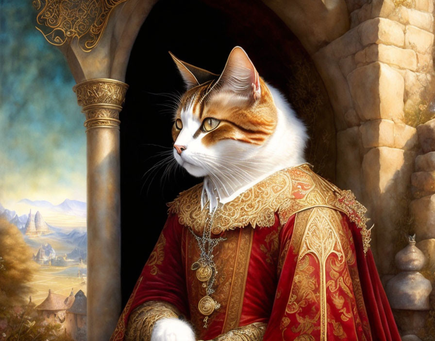 Regal cat in red and gold cloak with medallion, gazing into distance.