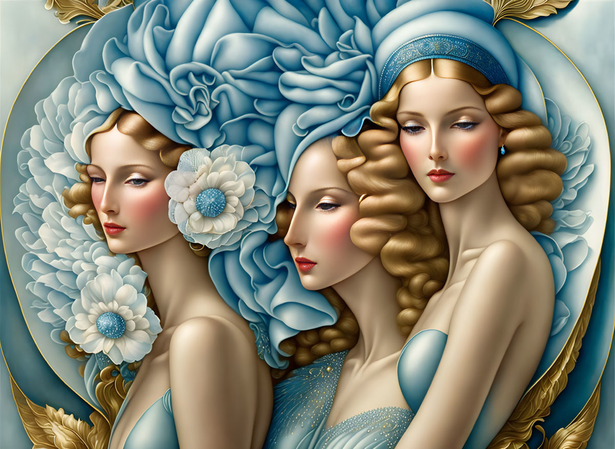 Stylized women with flowing hair in art nouveau-inspired illustration