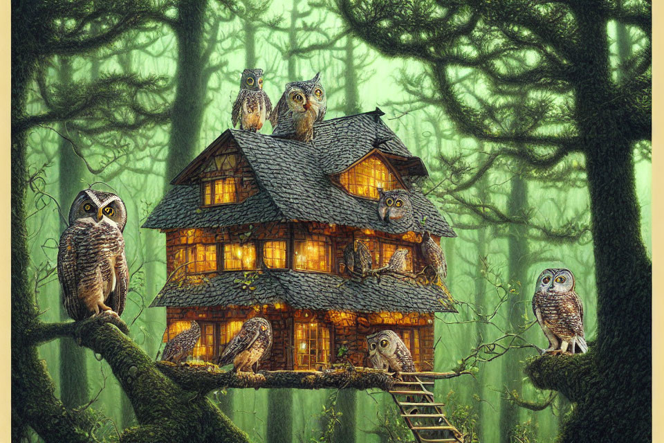 Six Owls Perched Around Cozy Treehouse in Forest at Dusk