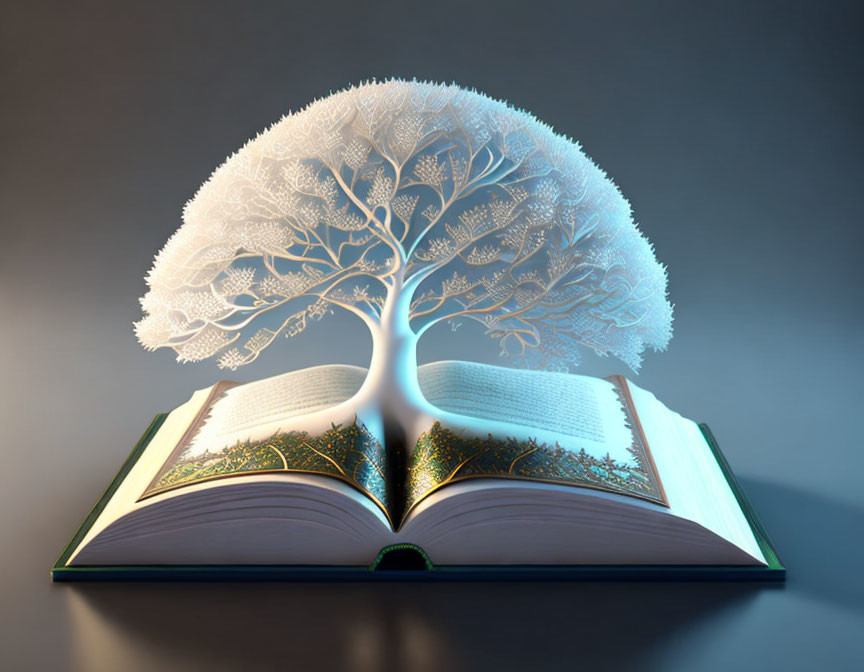 Intricate white tree growing from open book on grey background