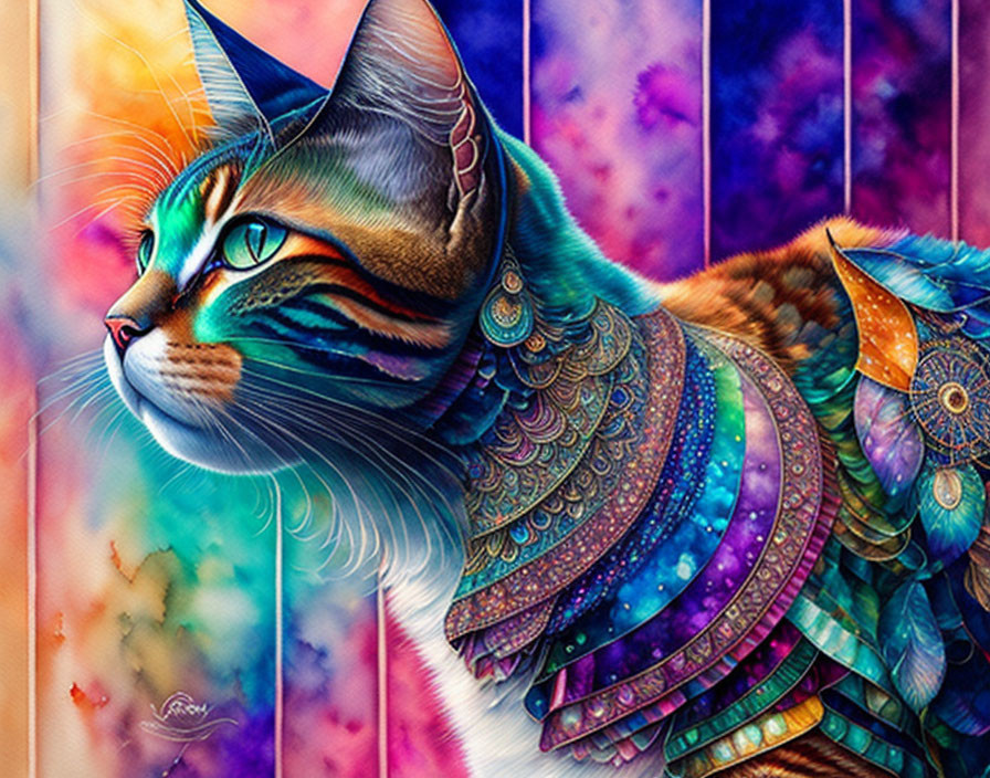 Vibrant cat art with colorful patterns and feathers on abstract background