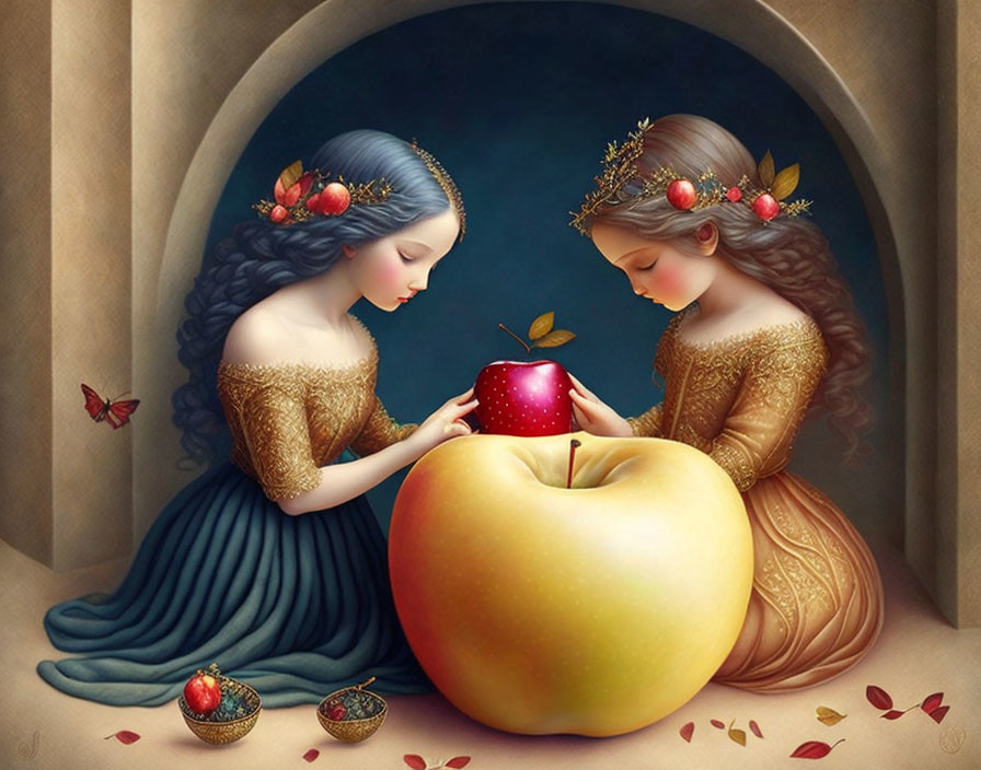 Illustrated characters with crowns and blue dresses beside a giant apple and ornate decorations.