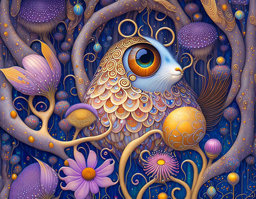 Colorful Stylized Owl Illustration Among Fantastical Flora and Patterns